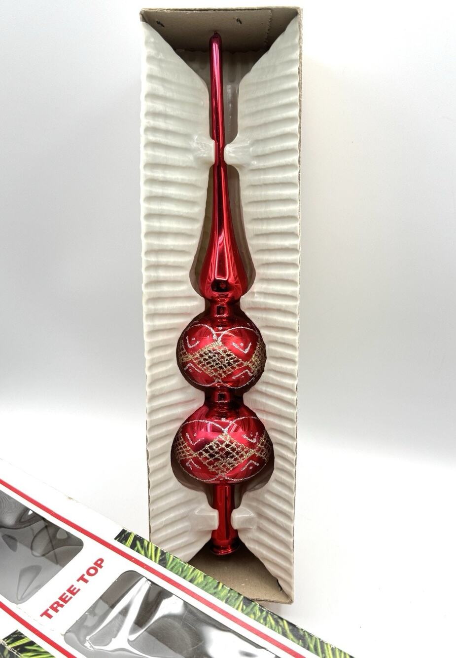 Vintage Commodore Glass Tree Topper Red 12.5” Spire Finial Gold Silver Romania
